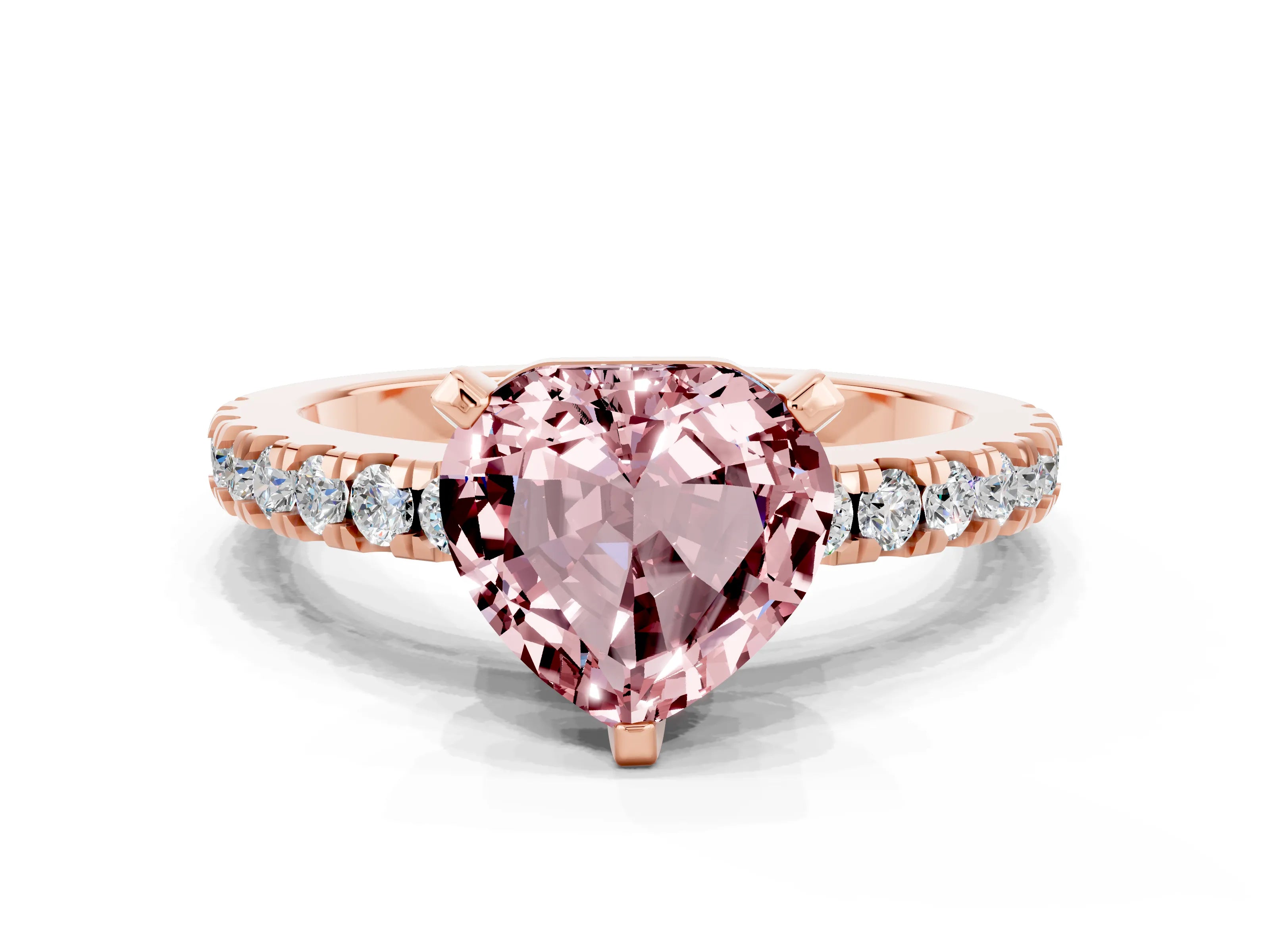 Rose gold Heart Cut Solitaire Diamond with Pavé Band and Four-Prong Setting