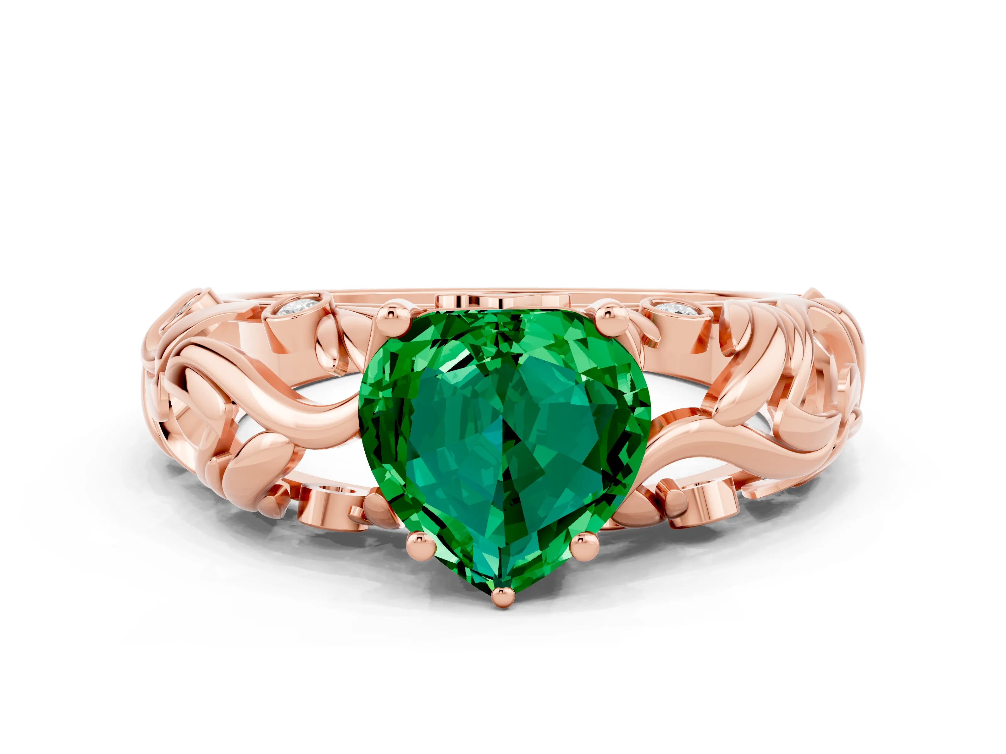 Rose gold Heart Cut Solitaire Emerald Leaf-Inspired Vine Band Ring with Prong Setting