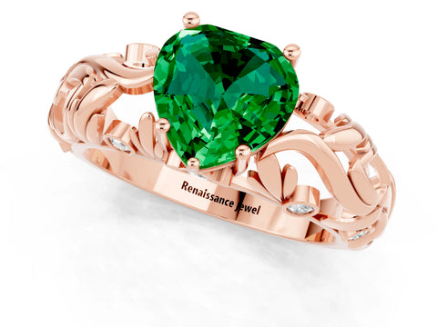 Rose gold Heart Cut Solitaire Emerald Leaf-Inspired Vine Band Ring with Prong Setting_1