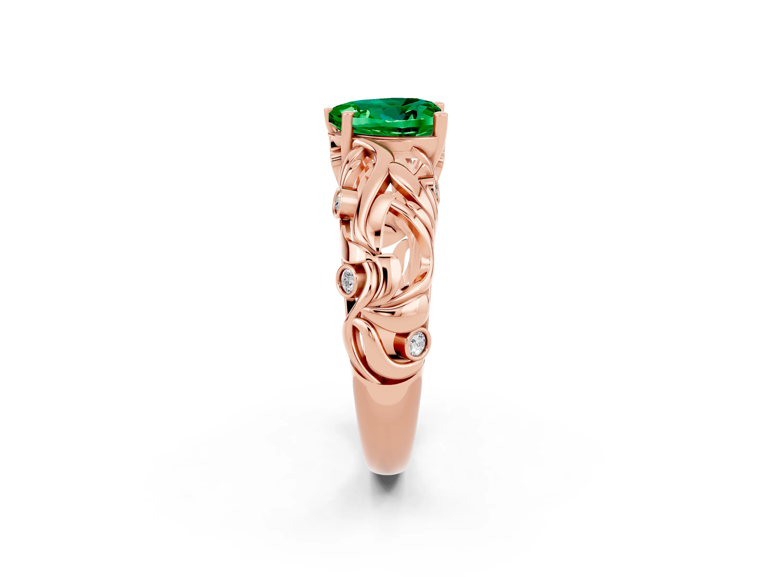 Rose gold Heart Cut Solitaire Emerald Leaf-Inspired Vine Band Ring with Prong Setting_2