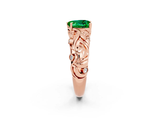 Rose gold Heart Cut Solitaire Emerald Leaf-Inspired Vine Band Ring with Prong Setting