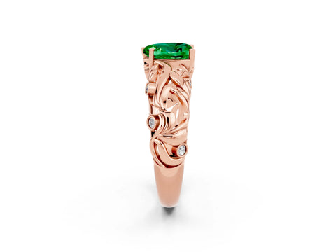 Rose gold Heart Cut Solitaire Emerald Leaf-Inspired Vine Band Ring with Prong Setting_2