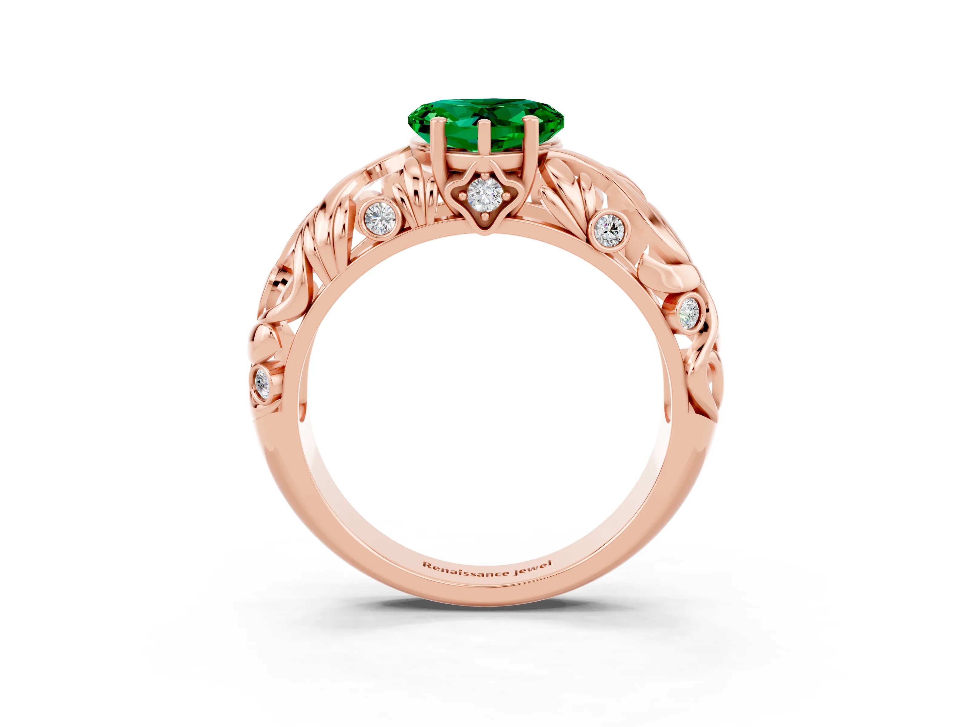 Rose gold Heart Cut Solitaire Emerald Leaf-Inspired Vine Band Ring with Prong Setting_3