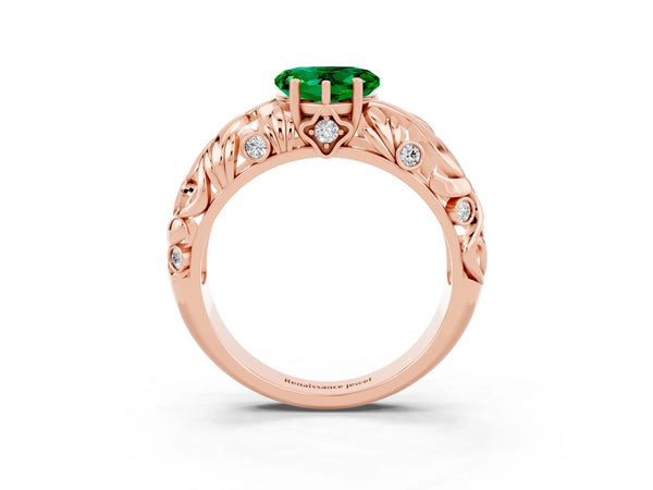 Rose gold Heart Cut Solitaire Emerald Leaf-Inspired Vine Band Ring with Prong Setting