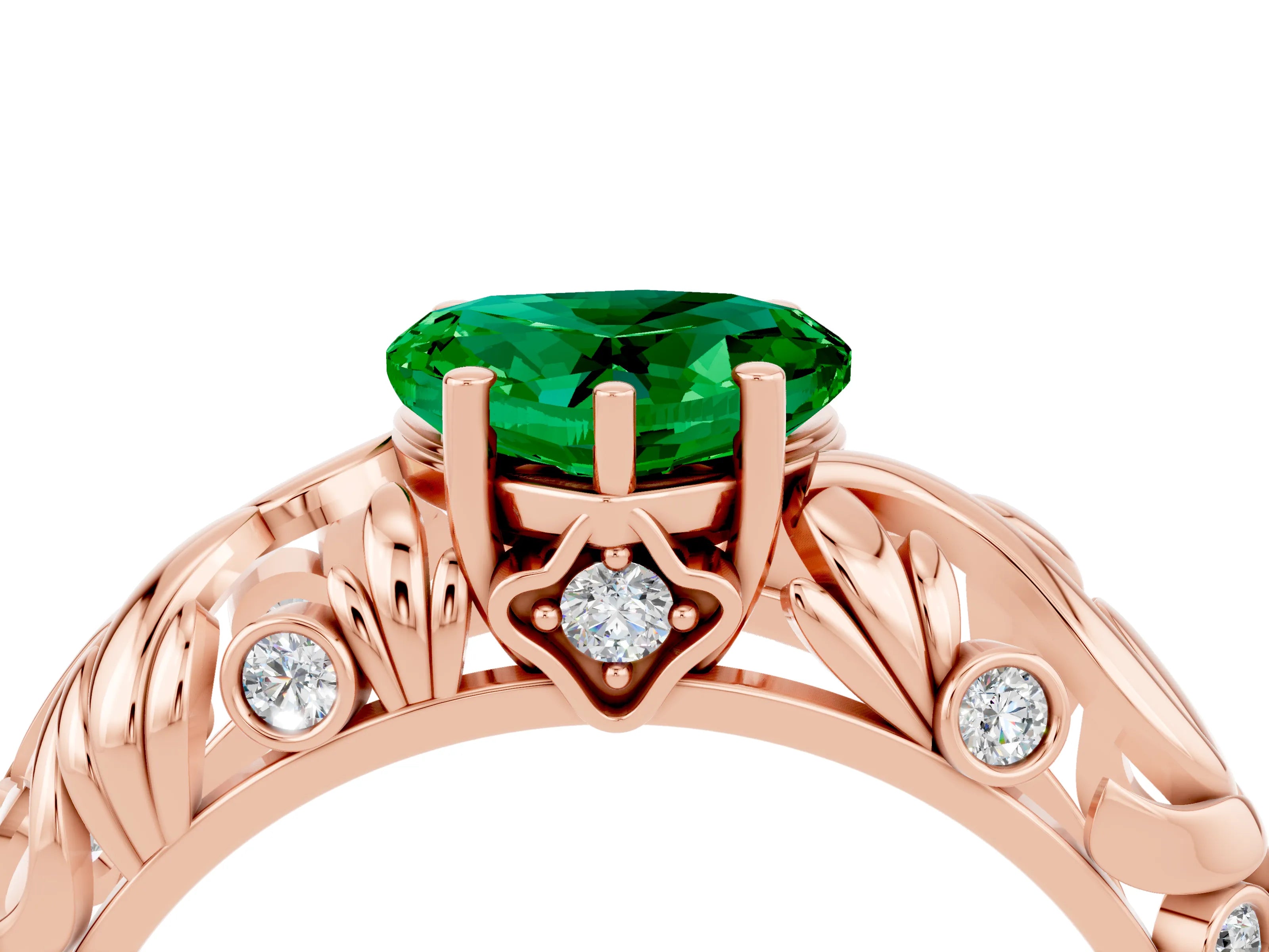Rose gold Heart Cut Solitaire Emerald Leaf-Inspired Vine Band Ring with Prong Setting_4