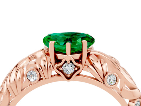 Rose gold Heart Cut Solitaire Emerald Leaf-Inspired Vine Band Ring with Prong Setting_4