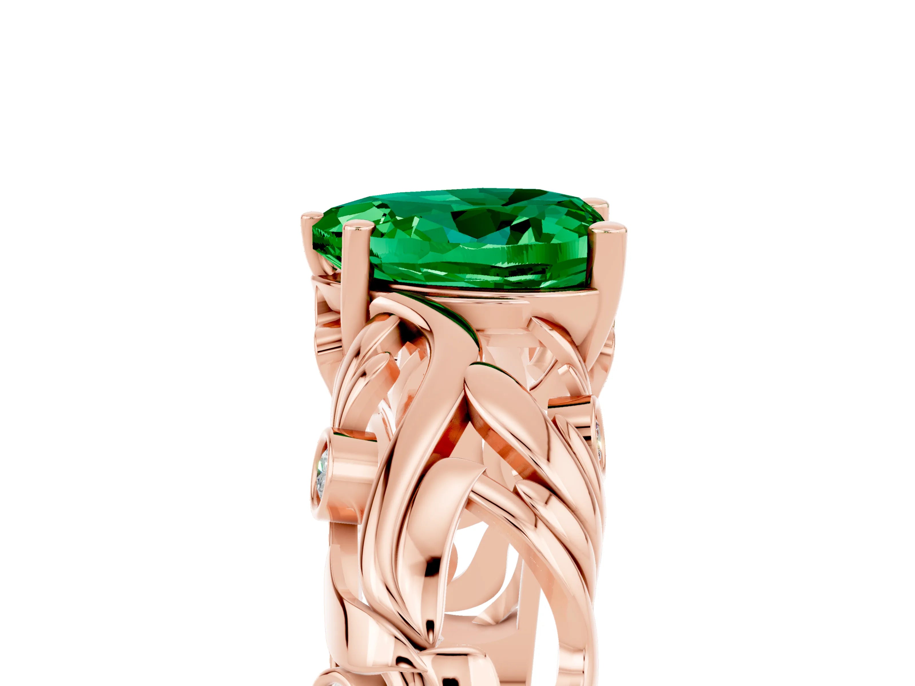 Rose gold Heart Cut Solitaire Emerald Leaf-Inspired Vine Band Ring with Prong Setting_5