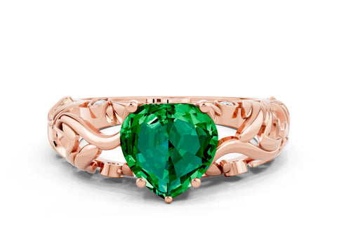 Rose gold Heart Cut Solitaire Emerald Leaf-Inspired Vine Band Ring with Prong Setting