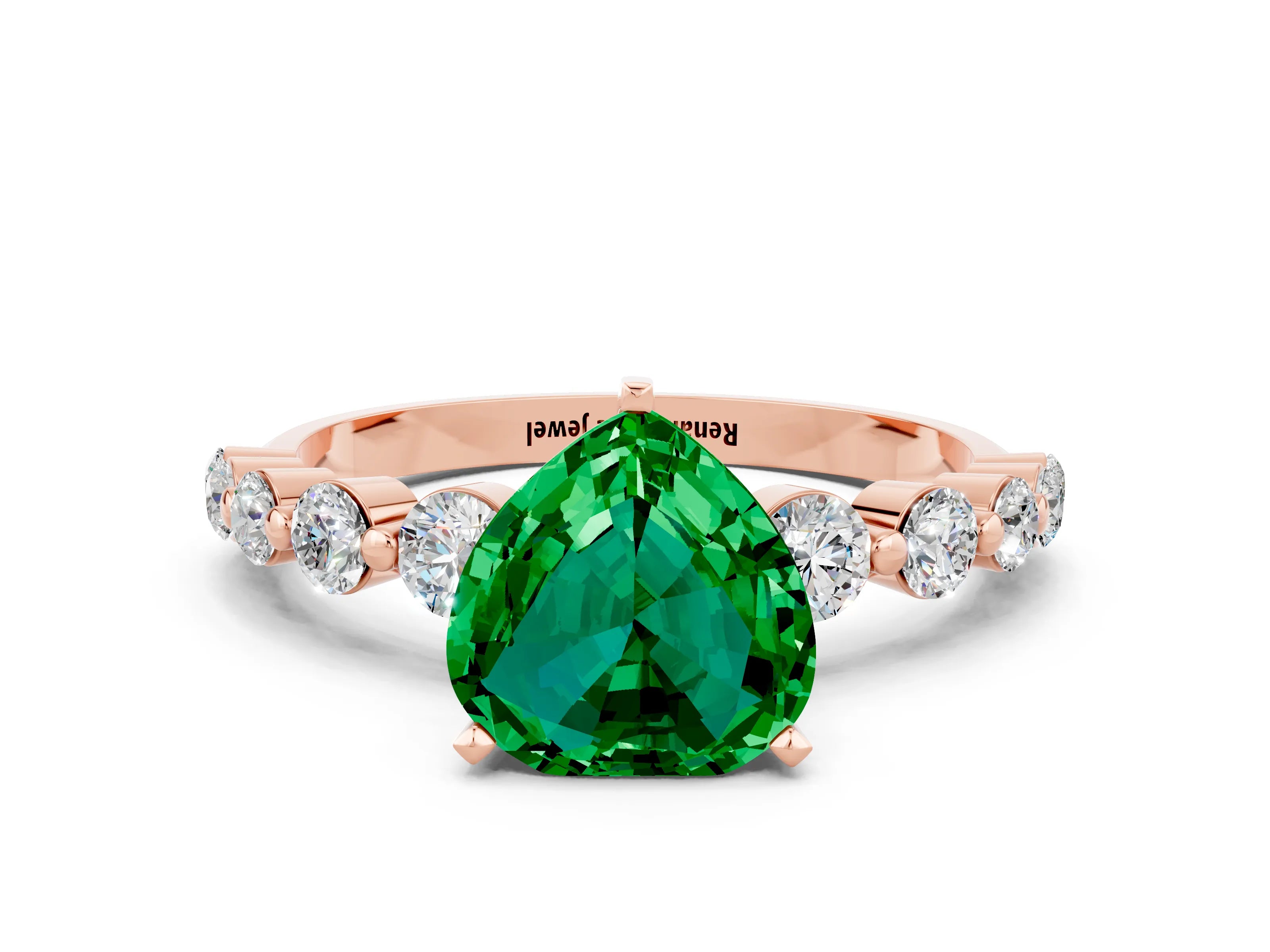 Rose gold Heart Cut Solitaire Emerald Ring with Pave Band and Four-Prong Setting