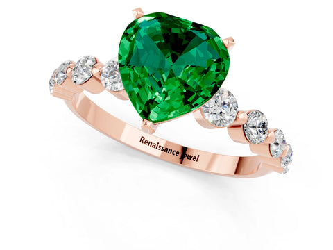 Rose gold Heart Cut Solitaire Emerald Ring with Pave Band and Four-Prong Setting_1