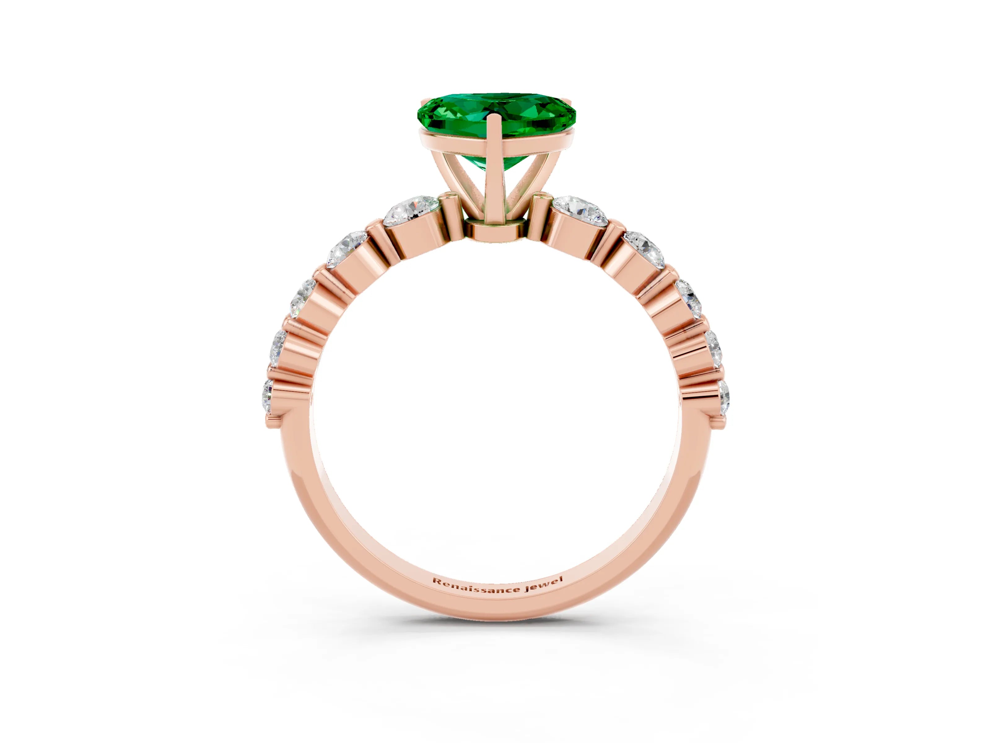 Rose gold Heart Cut Solitaire Emerald Ring with Pave Band and Four-Prong Setting_3