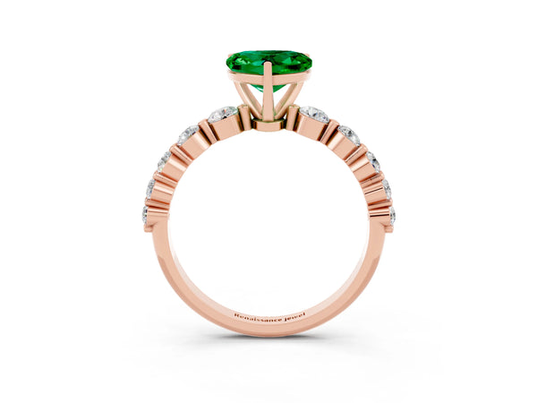 Rose gold Heart Cut Solitaire Emerald Ring with Pave Band and Four-Prong Setting