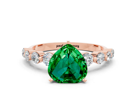 Rose gold Heart Cut Solitaire Emerald Ring with Pave Band and Four-Prong Setting