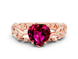 Rose gold Heart Cut Solitaire Garnet Leaf-Inspired Vine Band Ring with Prong Setting