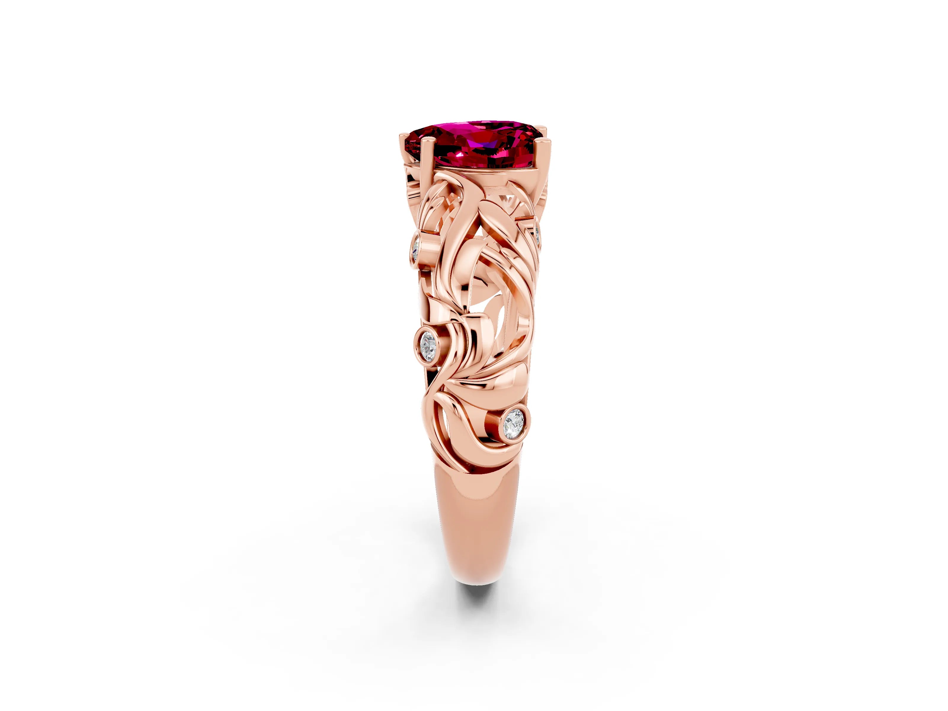 Rose gold Heart Cut Solitaire Garnet Leaf-Inspired Vine Band Ring with Prong Setting_2
