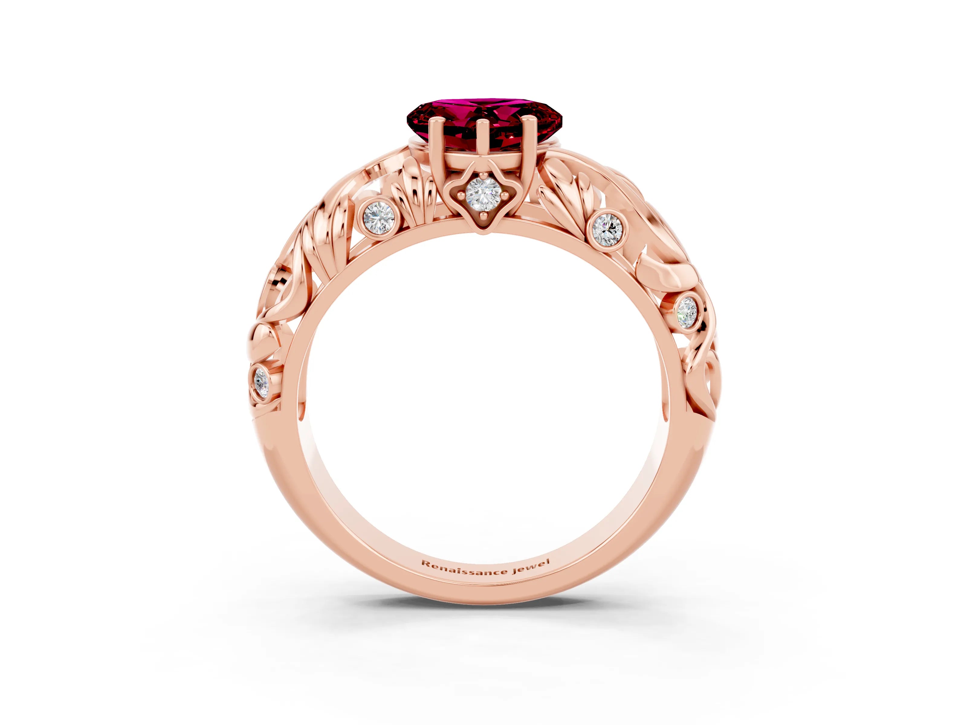 Rose gold Heart Cut Solitaire Garnet Leaf-Inspired Vine Band Ring with Prong Setting_3