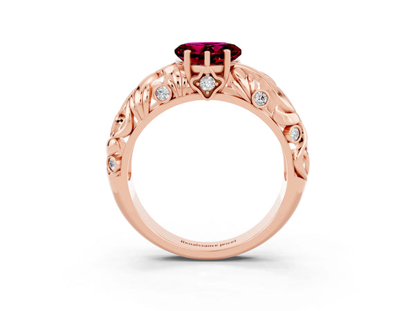 Rose gold Heart Cut Solitaire Garnet Leaf-Inspired Vine Band Ring with Prong Setting