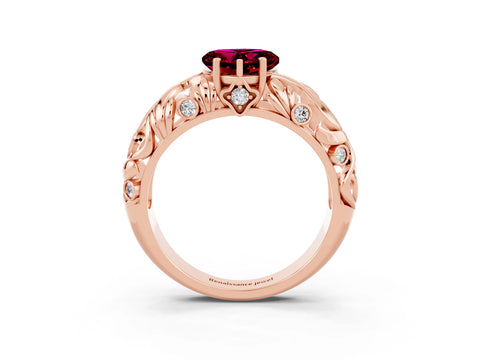 Rose gold Heart Cut Solitaire Garnet Leaf-Inspired Vine Band Ring with Prong Setting_3