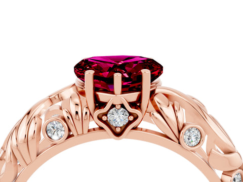 Rose gold Heart Cut Solitaire Garnet Leaf-Inspired Vine Band Ring with Prong Setting_4
