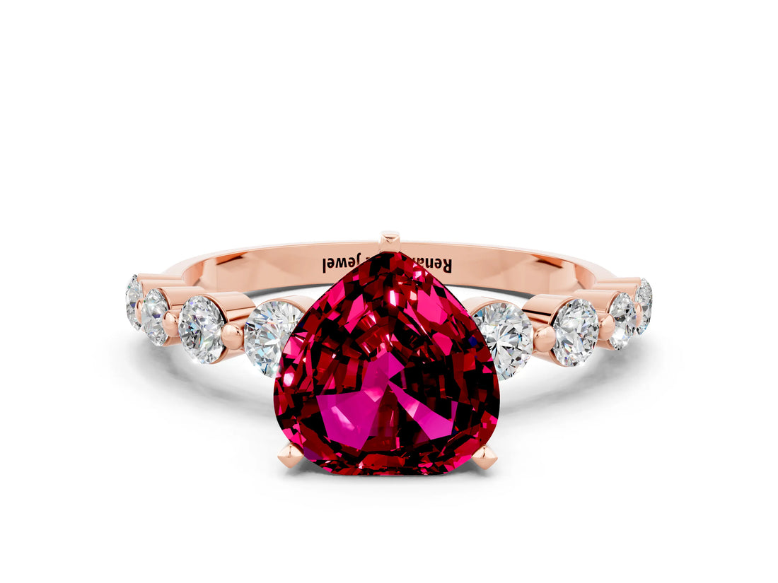 Rose gold Heart Cut Solitaire Garnet Ring with Pave Band and Four-Prong Setting