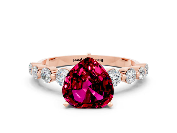 Rose gold Heart Cut Solitaire Garnet Ring with Pave Band and Four-Prong Setting
