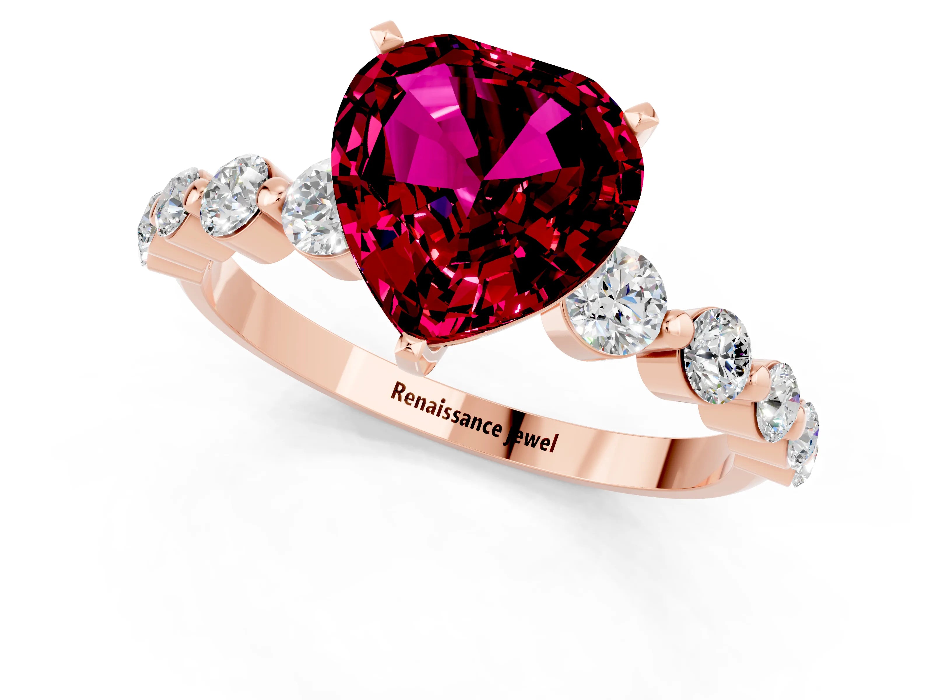 Rose gold Heart Cut Solitaire Garnet Ring with Pave Band and Four-Prong Setting_1