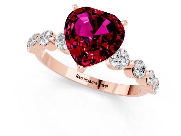 Rose gold Heart Cut Solitaire Garnet Ring with Pave Band and Four-Prong Setting