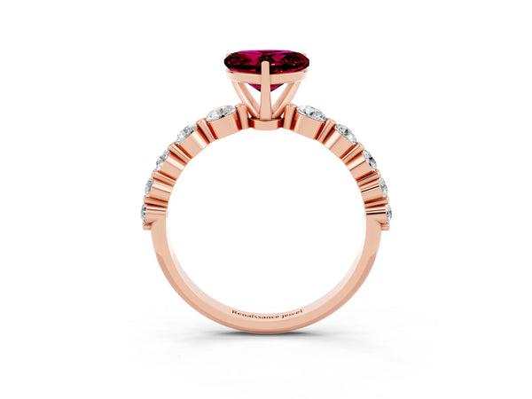 Rose gold Heart Cut Solitaire Garnet Ring with Pave Band and Four-Prong Setting