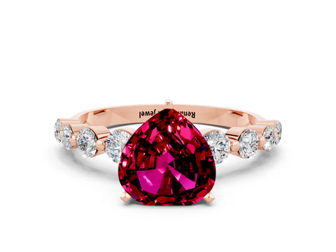Rose gold Heart Cut Solitaire Garnet Ring with Pave Band and Four-Prong Setting