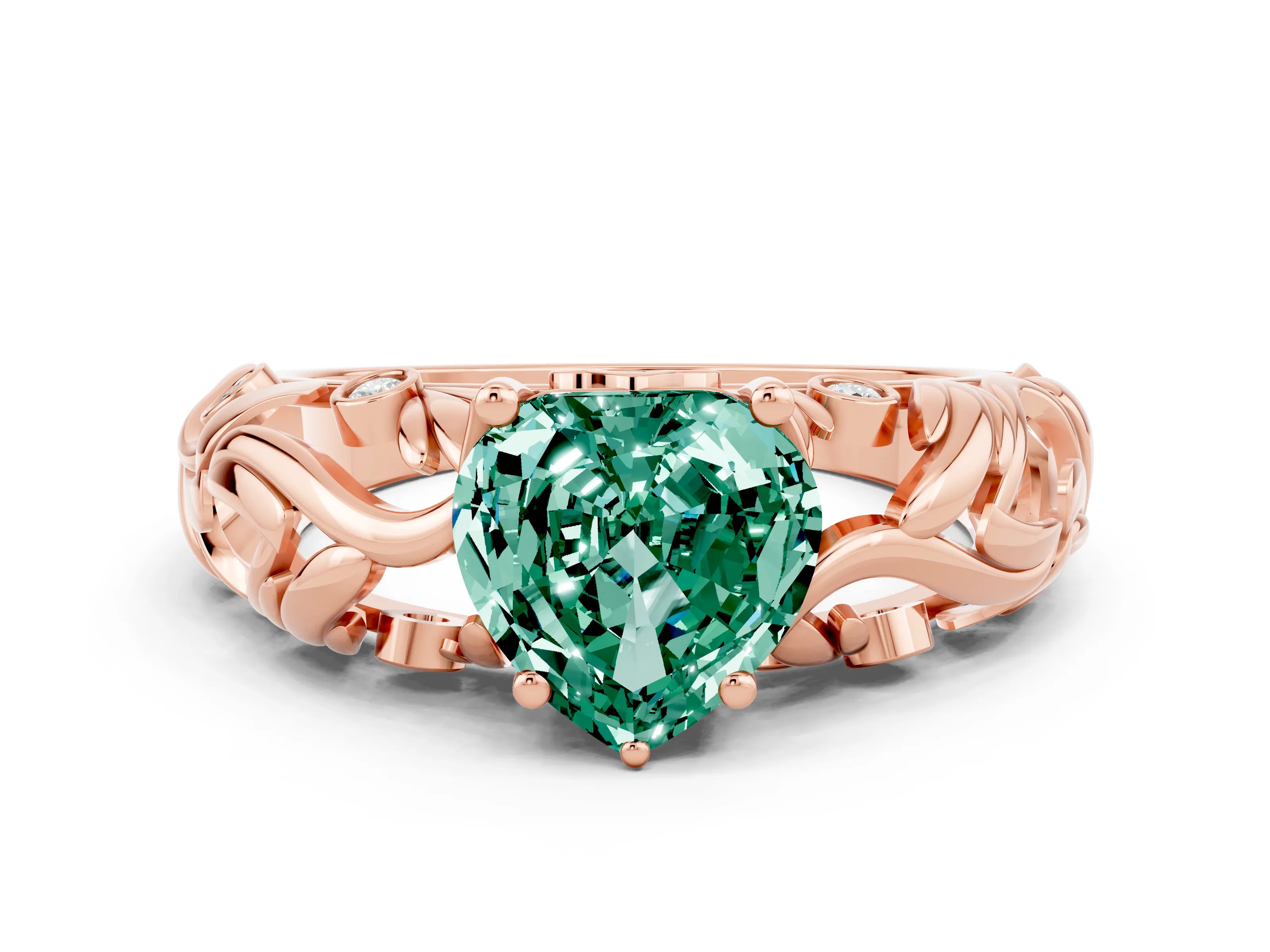 Rose gold Heart Cut Solitaire Green Sapphire Leaf-Inspired Vine Band Ring with Prong Setting