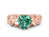 Rose gold Heart Cut Solitaire Green Sapphire Leaf-Inspired Vine Band Ring with Prong Setting