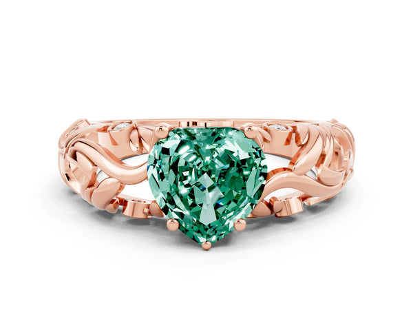 Rose gold Heart Cut Solitaire Green Sapphire Leaf-Inspired Vine Band Ring with Prong Setting