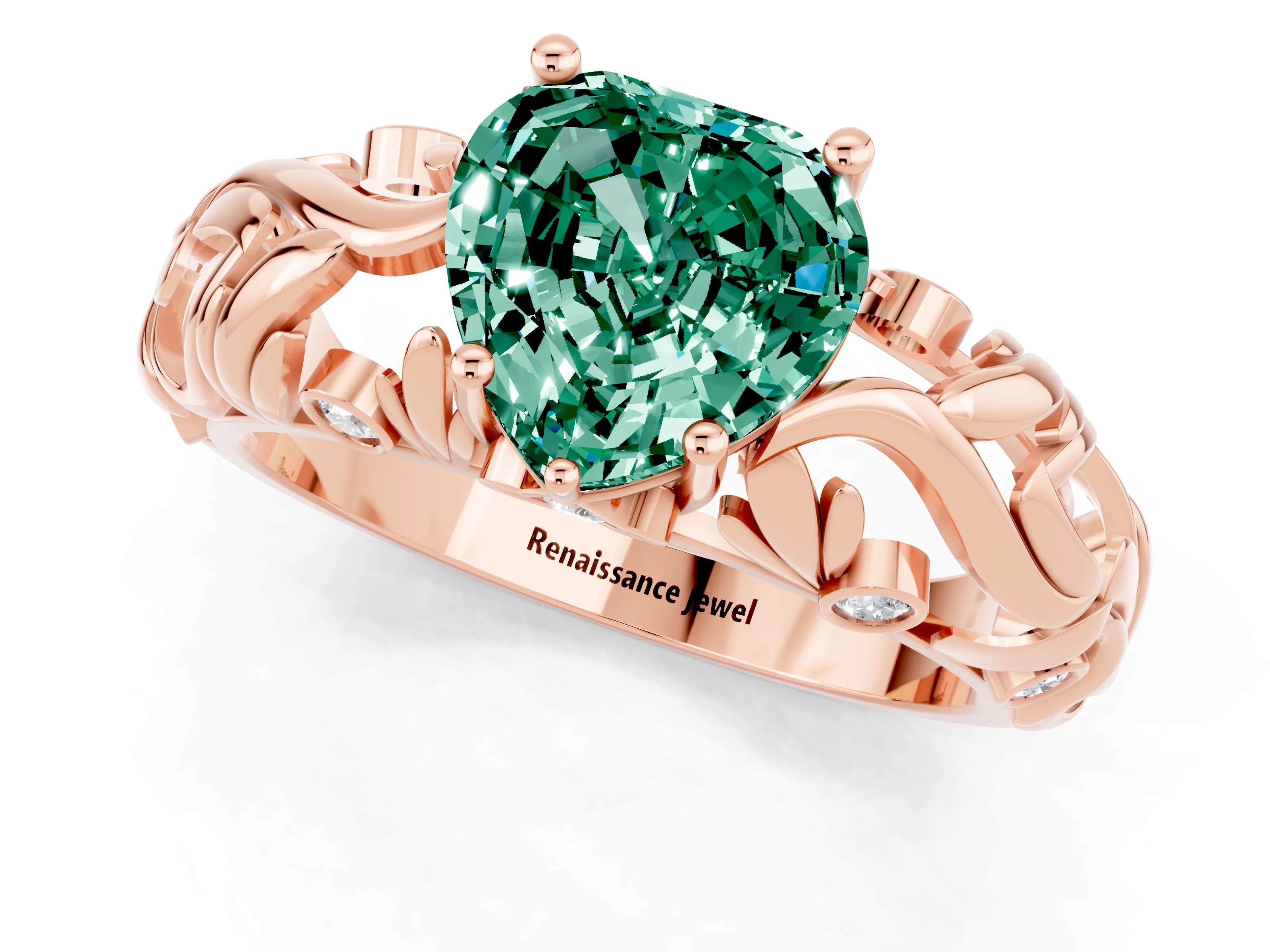Rose gold Heart Cut Solitaire Green Sapphire Leaf-Inspired Vine Band Ring with Prong Setting_1