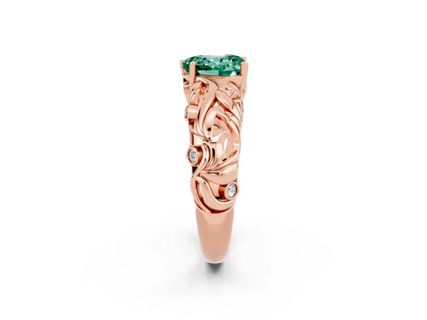 Rose gold Heart Cut Solitaire Green Sapphire Leaf-Inspired Vine Band Ring with Prong Setting_2