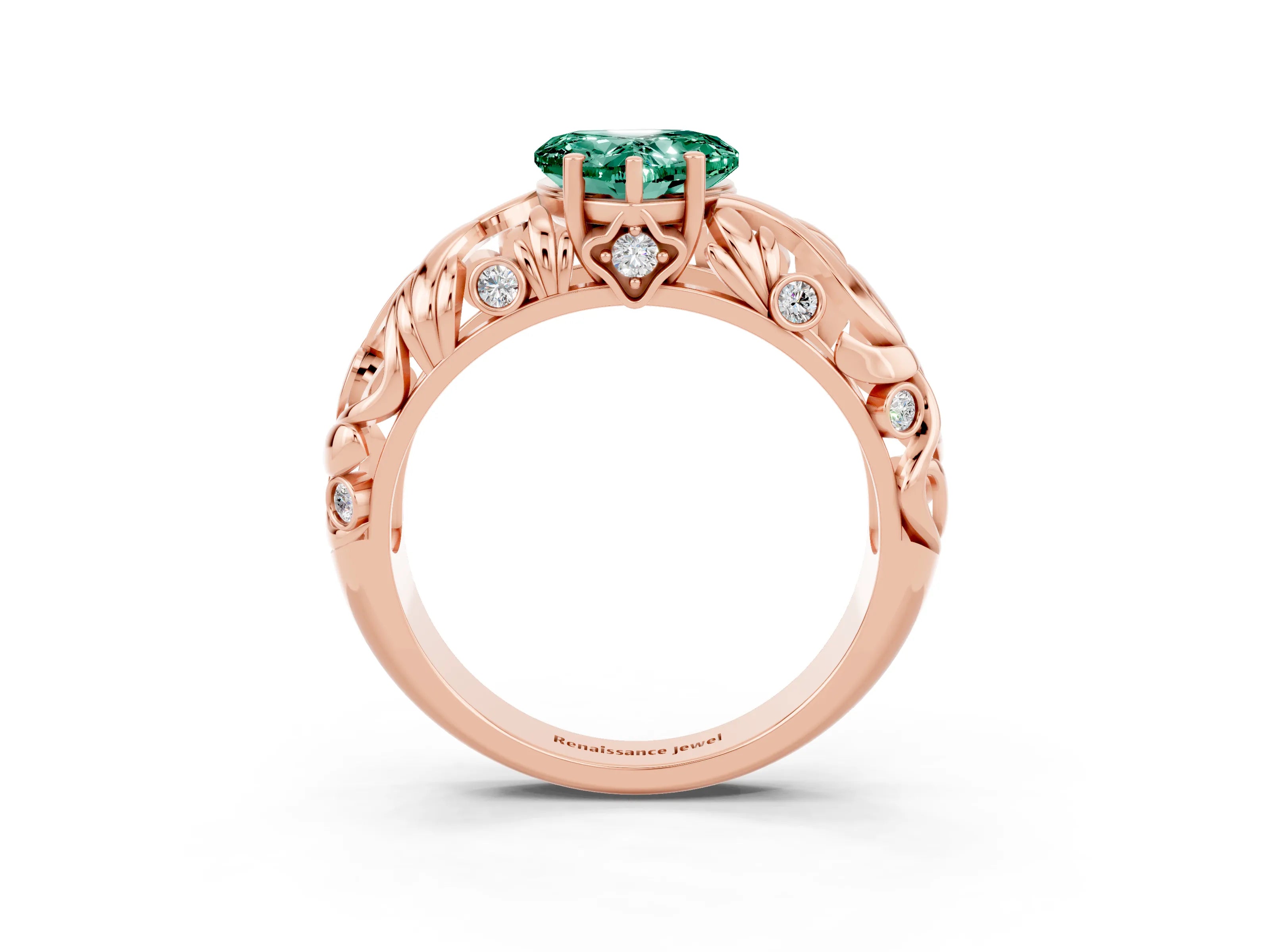 Rose gold Heart Cut Solitaire Green Sapphire Leaf-Inspired Vine Band Ring with Prong Setting_3