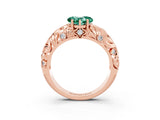 Rose gold Heart Cut Solitaire Green Sapphire Leaf-Inspired Vine Band Ring with Prong Setting_3