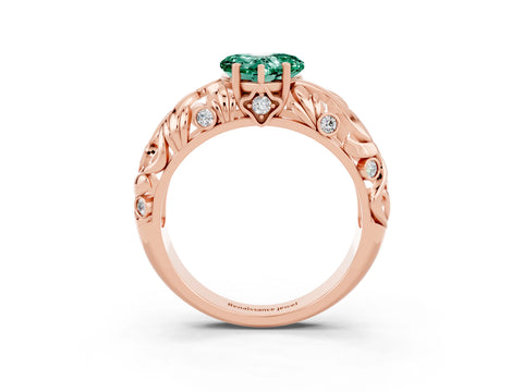 Rose gold Heart Cut Solitaire Green Sapphire Leaf-Inspired Vine Band Ring with Prong Setting_3