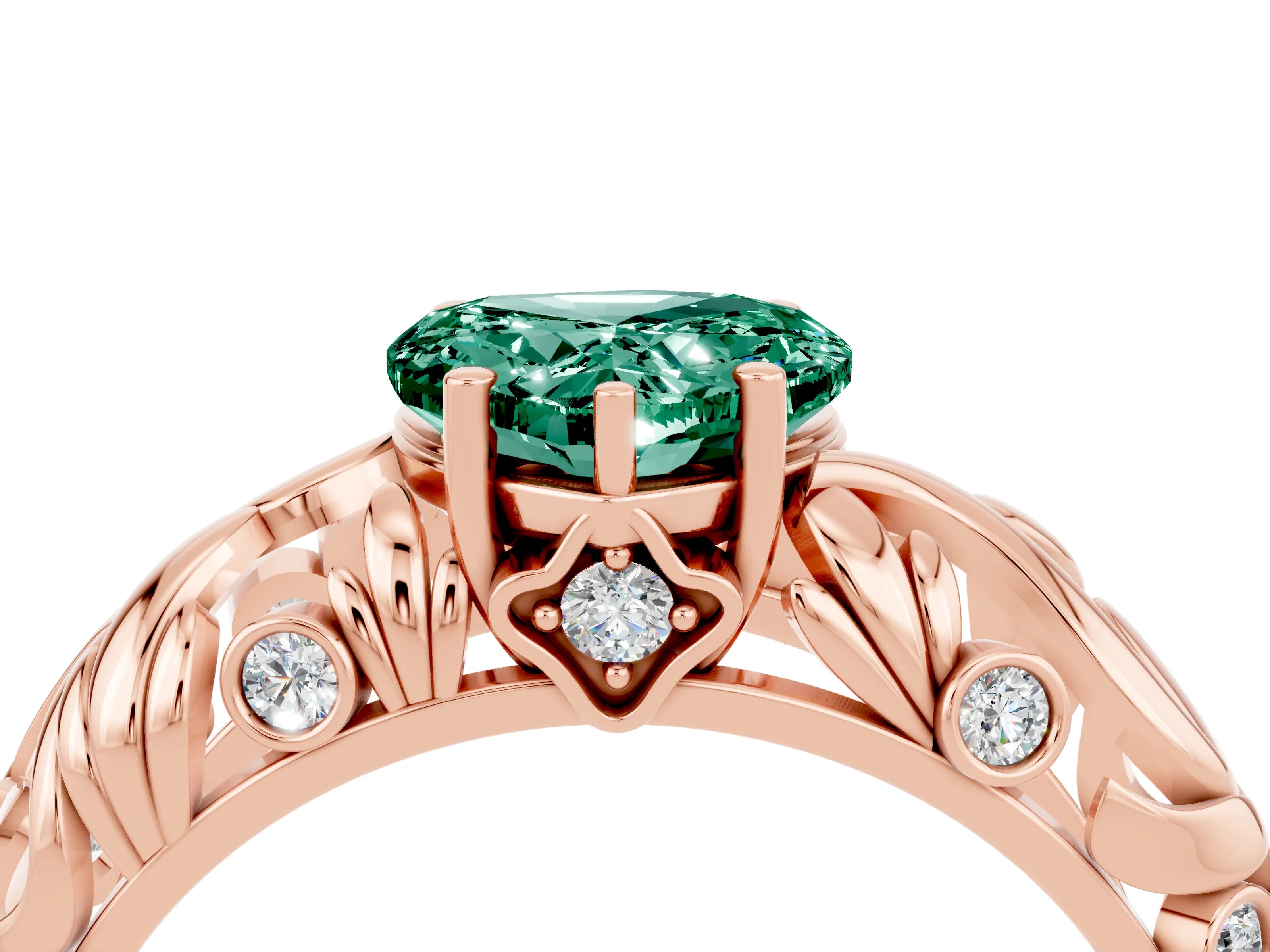 Rose gold Heart Cut Solitaire Green Sapphire Leaf-Inspired Vine Band Ring with Prong Setting_4