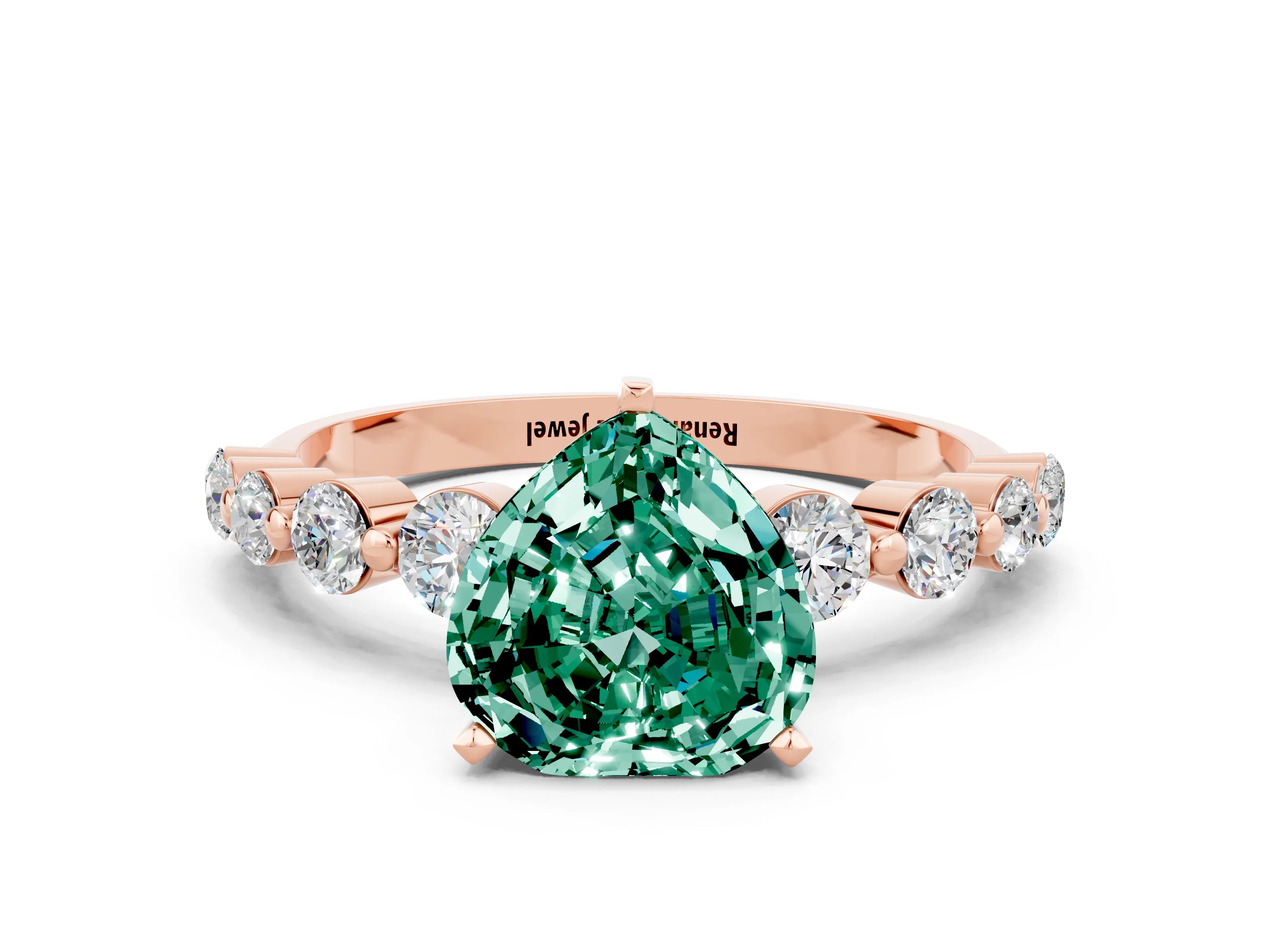 Rose gold Heart Cut Solitaire Green Sapphire Ring with Pave Band and Four-Prong Setting