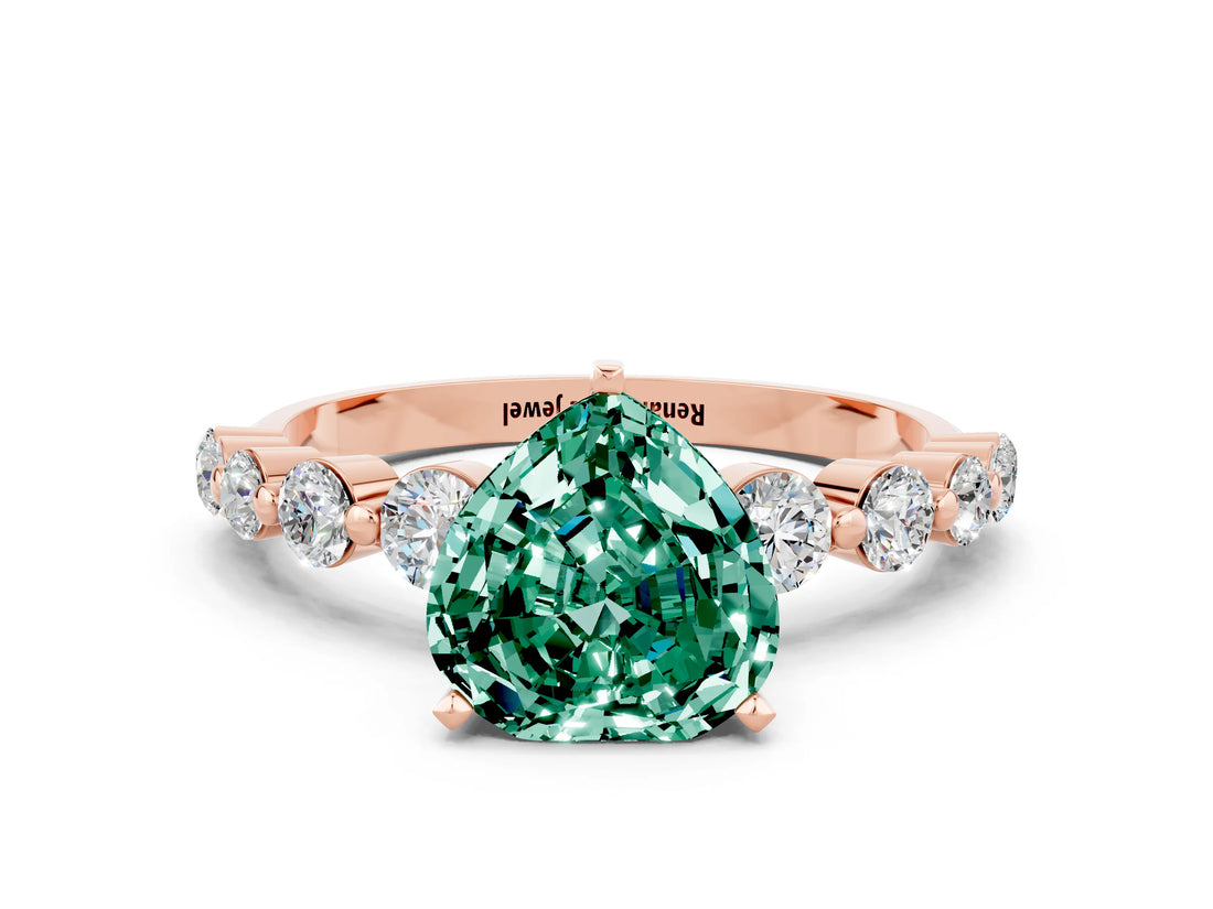 Rose gold Heart Cut Solitaire Green Sapphire Ring with Pave Band and Four-Prong Setting