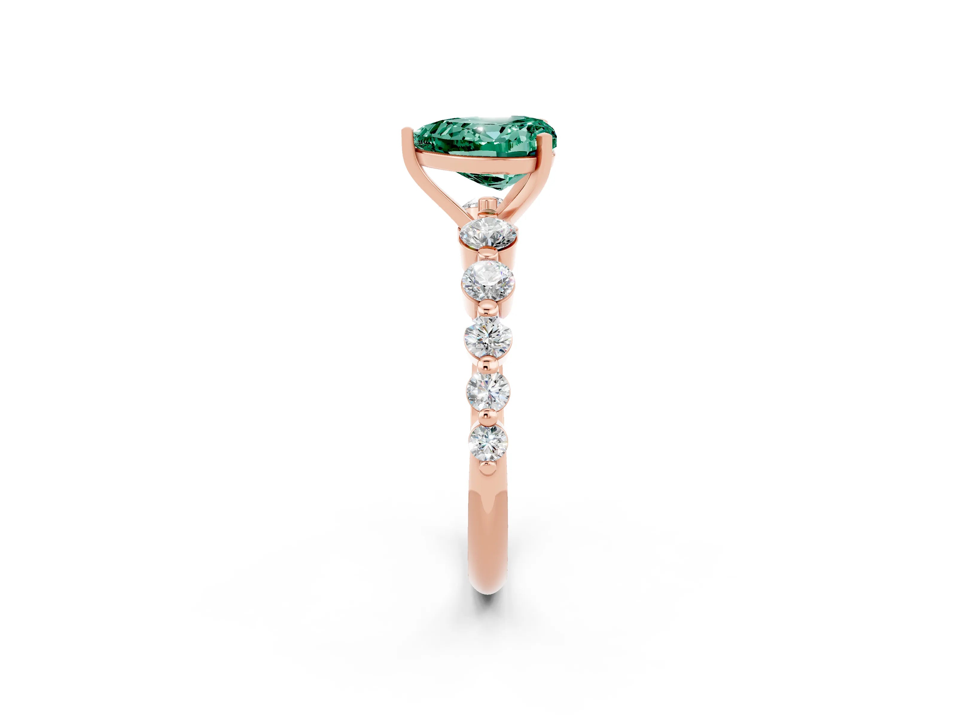 Rose gold Heart Cut Solitaire Green Sapphire Ring with Pave Band and Four-Prong Setting_2