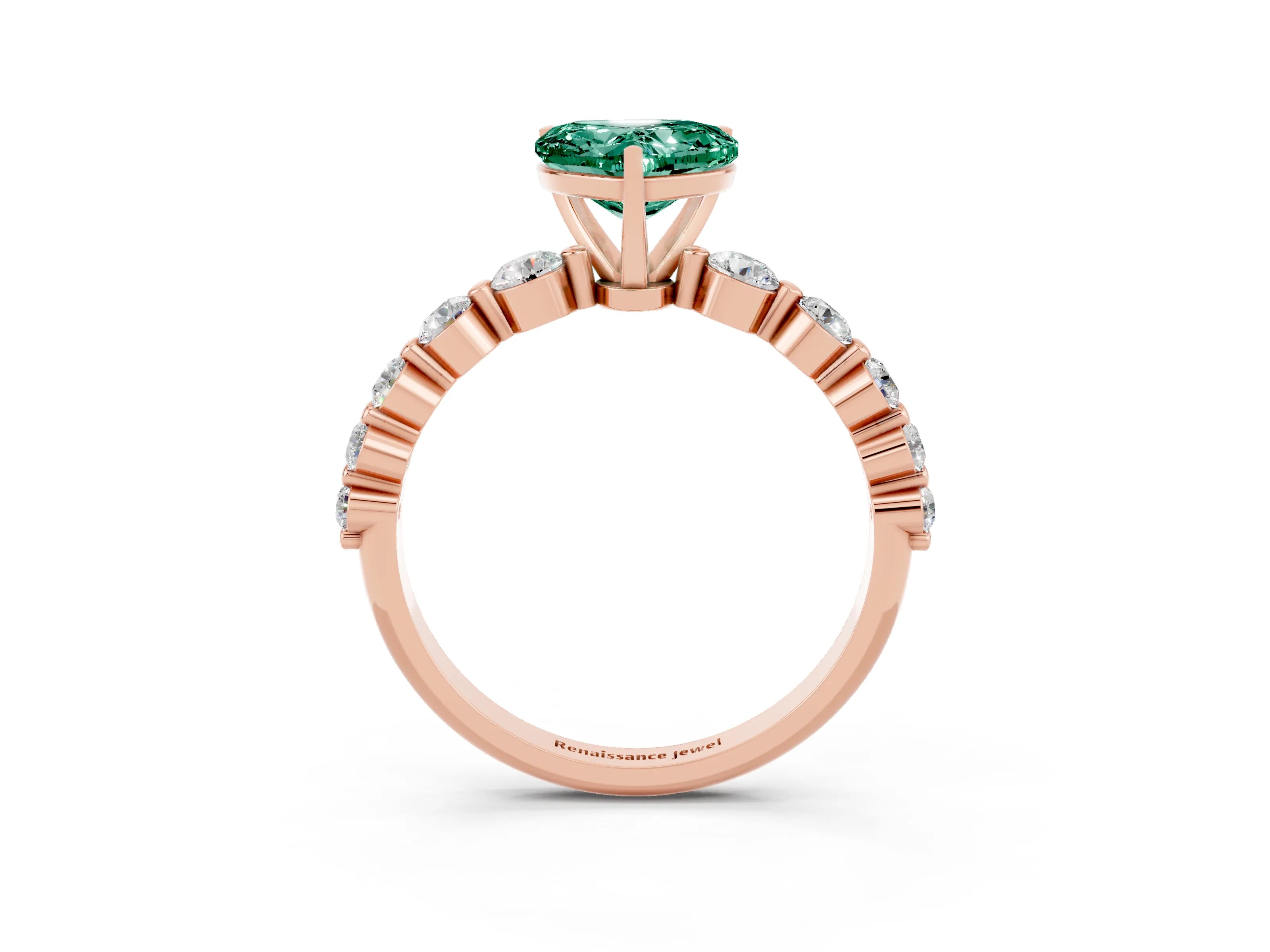 Rose gold Heart Cut Solitaire Green Sapphire Ring with Pave Band and Four-Prong Setting_3