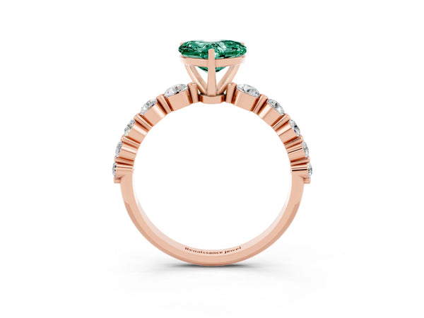 Rose gold Heart Cut Solitaire Green Sapphire Ring with Pave Band and Four-Prong Setting