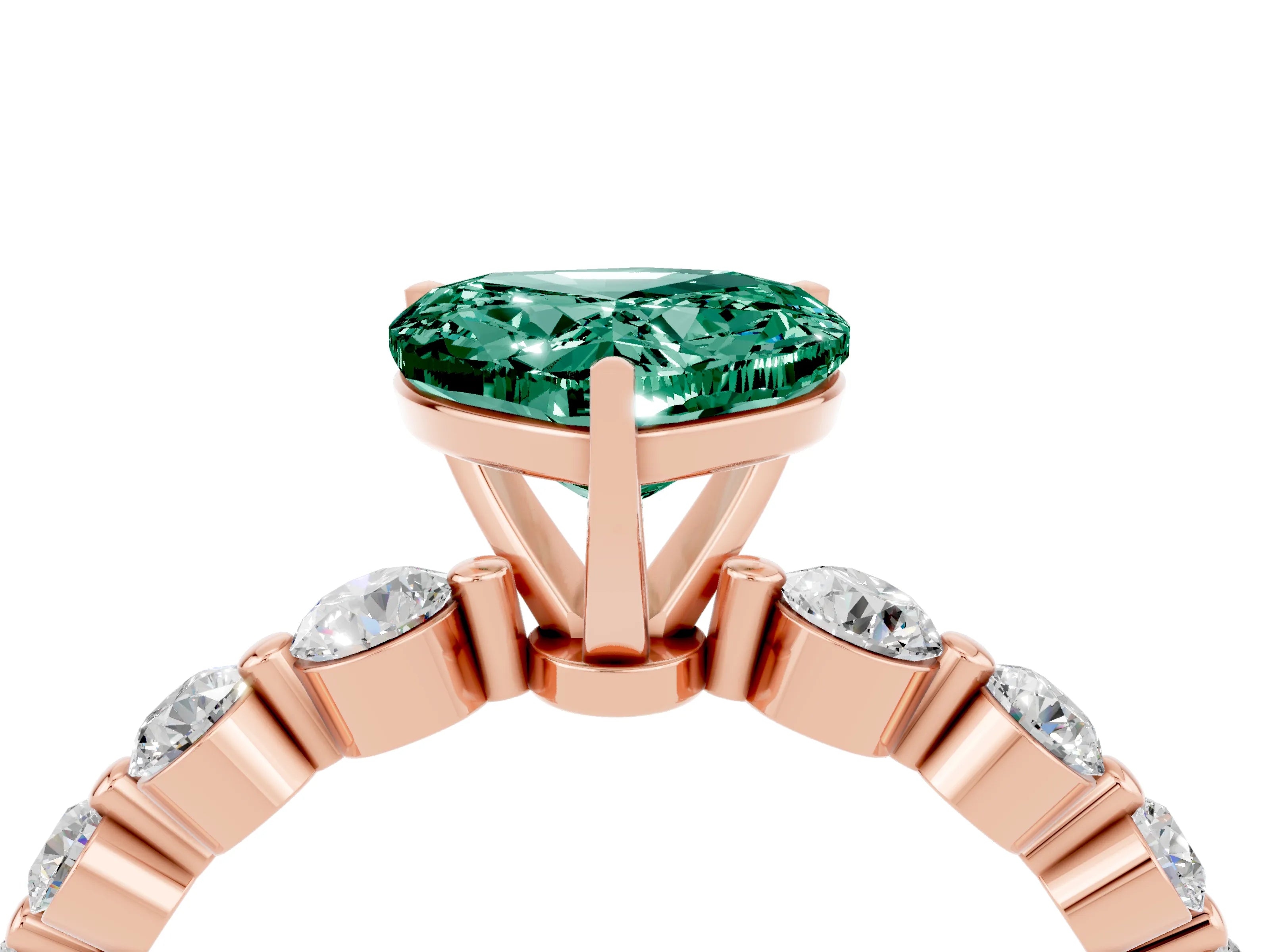 Rose gold Heart Cut Solitaire Green Sapphire Ring with Pave Band and Four-Prong Setting_4
