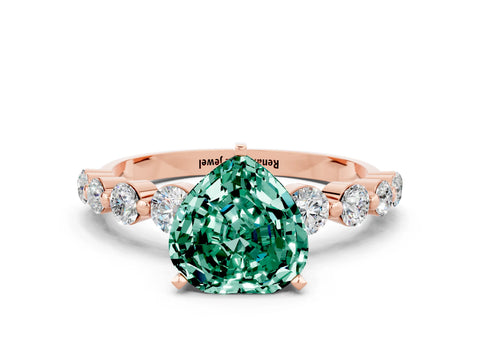 Rose gold Heart Cut Solitaire Green Sapphire Ring with Pave Band and Four-Prong Setting