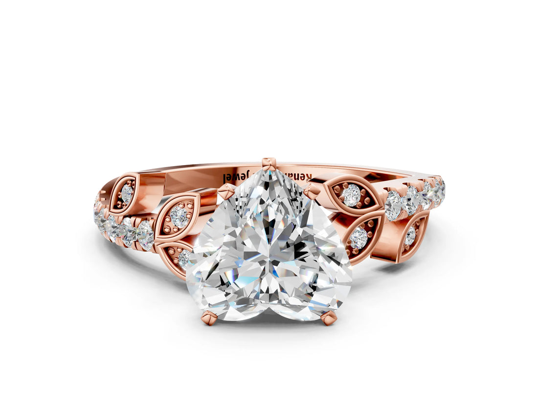 Rose gold Heart Cut Solitaire Leaf-Inspired Diamond Ring with Pavé Band and Four-Prong Setting_4