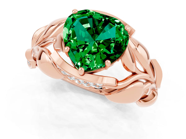 Rose gold Heart Cut Emerald Leaf-Inspired Engagement Ring with Round Accents and Prong Setting