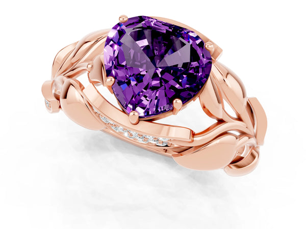 Rose gold Heart Cut Amethyst Leaf-Inspired Engagement Ring with Round Accents and Prong Setting