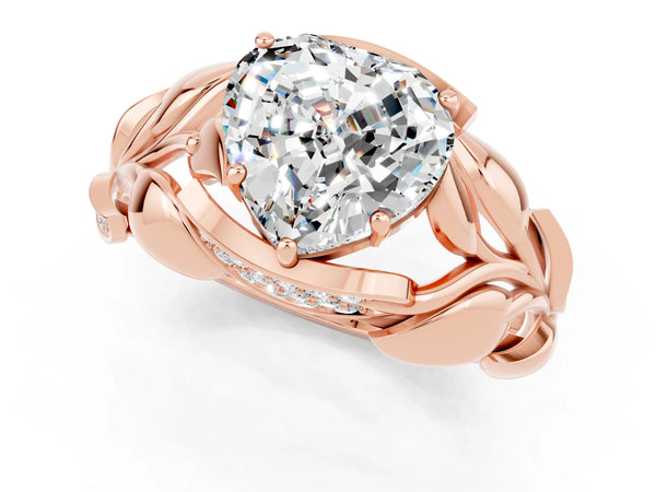 Rose gold Heart Cut Moissanite Leaf-Inspired Engagement Ring with Round Accents and Prong Setting