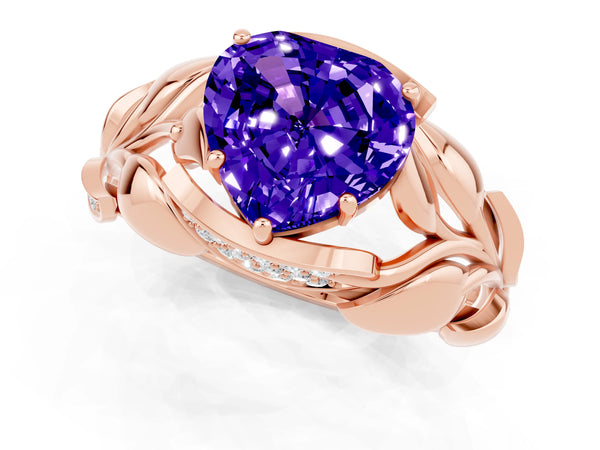 Rose gold Heart Cut Tanzanite Leaf-Inspired Engagement Ring with Round Accents and Prong Setting